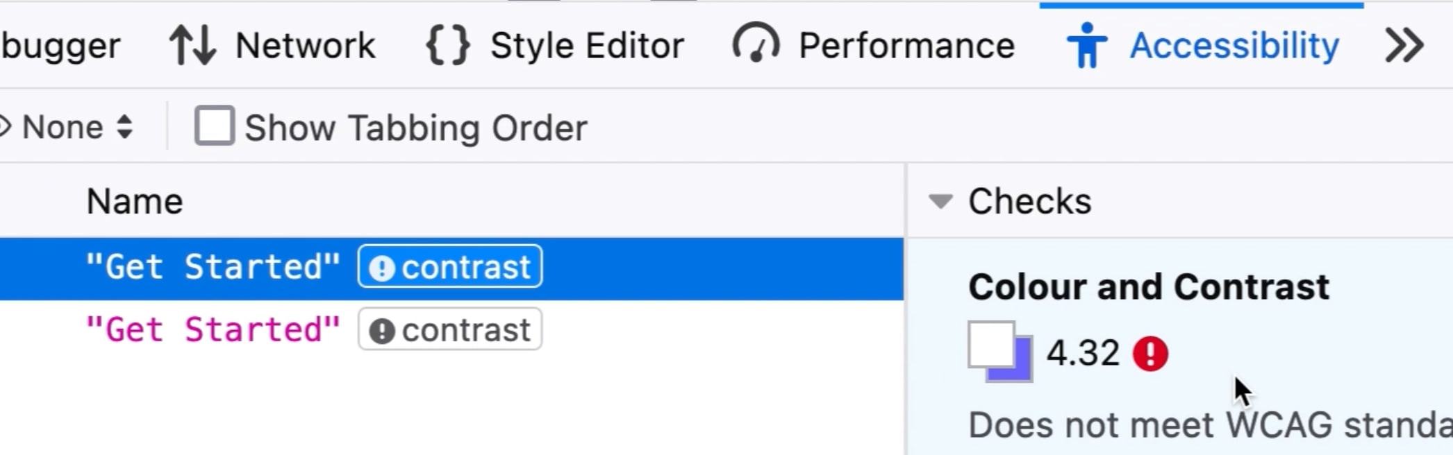 A screenshot of Firefox browser dev tool color contract report